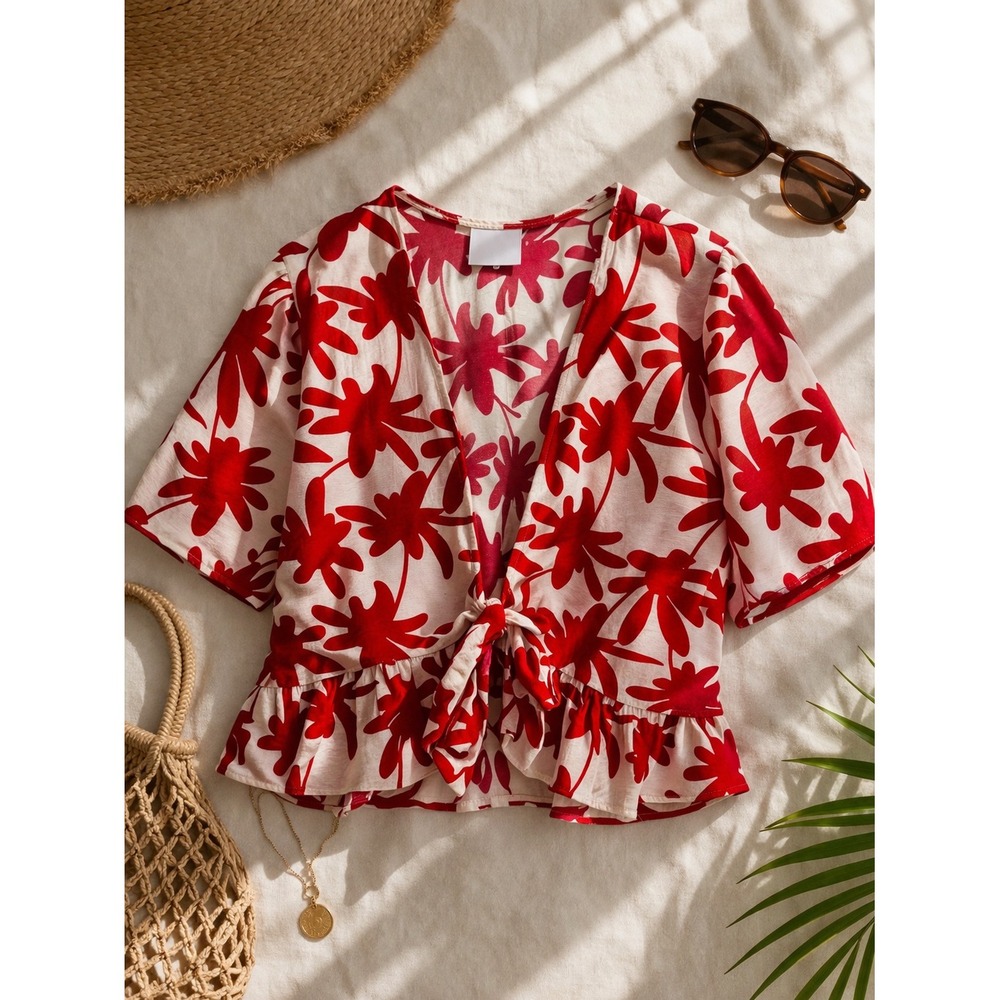 Red Floral Tie Front Crop Top Women Sz S/M‎ Cottagecore Boho Peplum Summer
